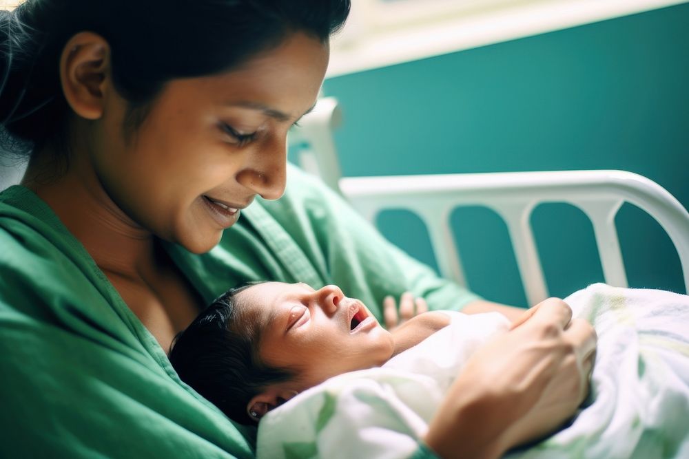 Indian mother hold new baby born hospital childbirth togetherness. AI generated Image by rawpixel.
