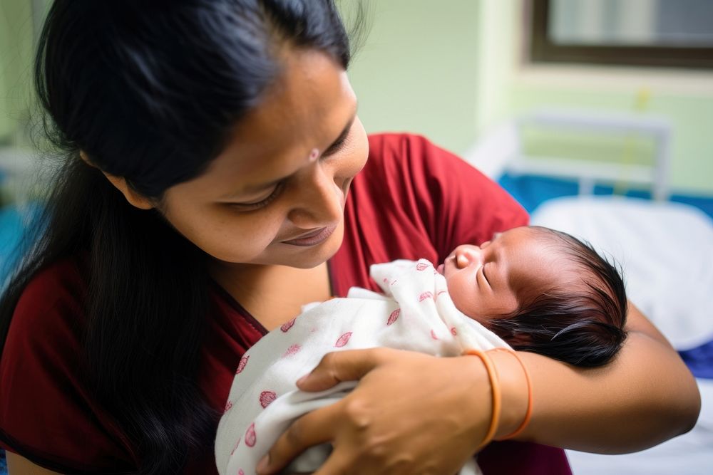 Indian mother hold new baby born childbirth hospital togetherness. AI generated Image by rawpixel.