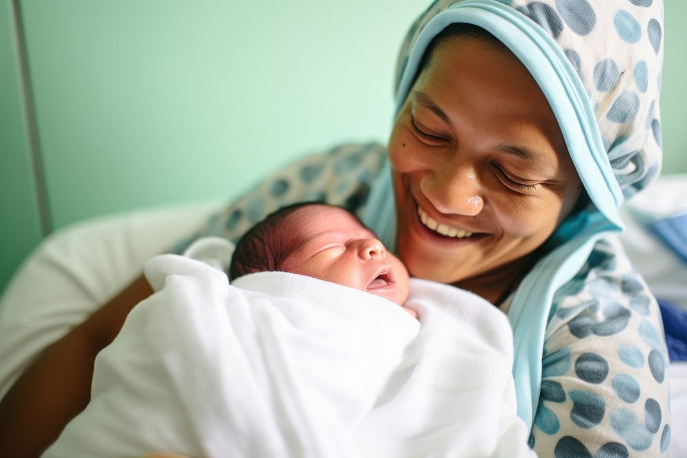 Latin mother hold new baby born childbirth portrait hospital. AI generated Image by rawpixel.