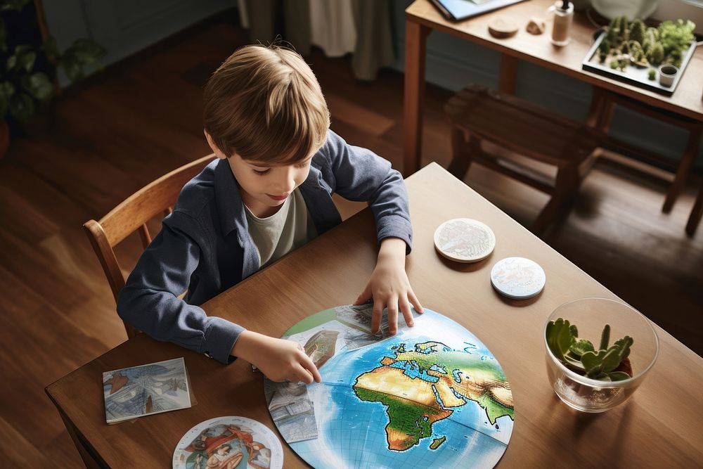Boy drawing the earth table child furniture. AI generated Image by rawpixel.