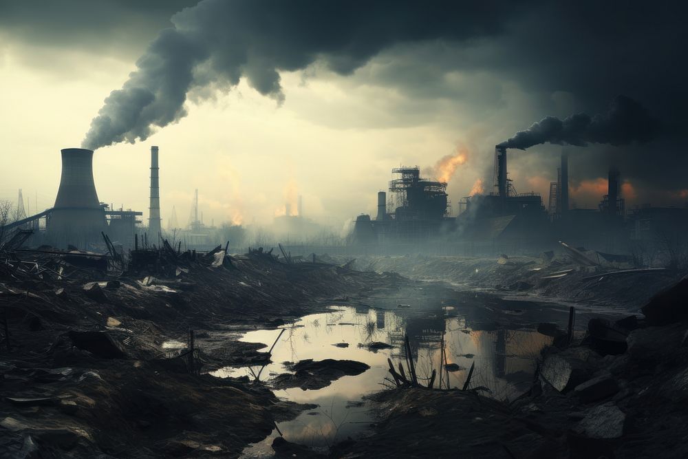 Smoking factory pollution architecture destruction technology. AI generated Image by rawpixel.