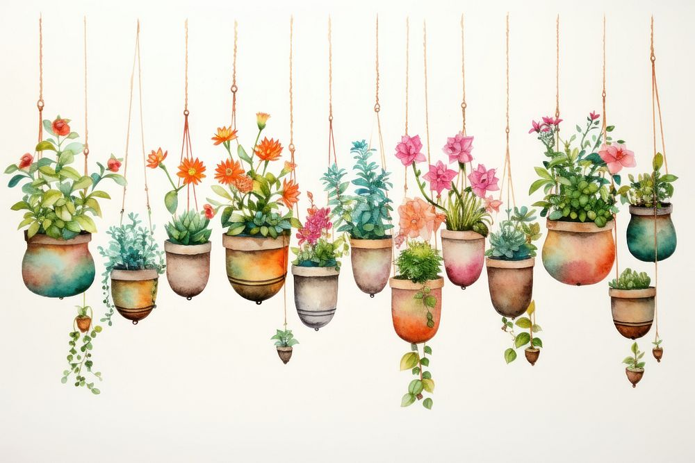 Flower pots painting hanging nature. AI generated Image by rawpixel.