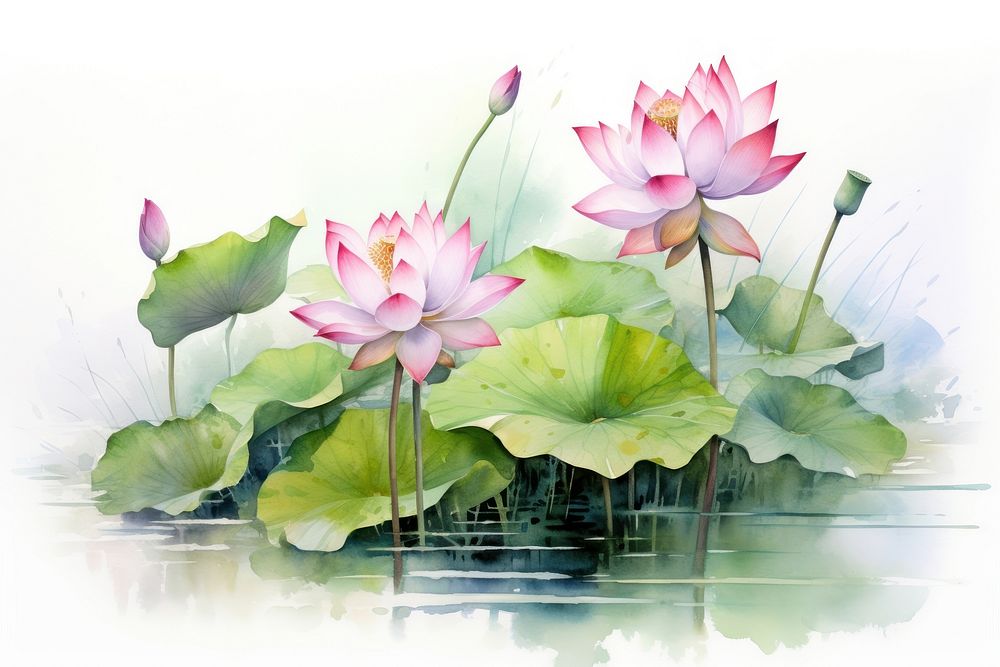 Lotus flowers painting nature plant. AI generated Image by rawpixel.
