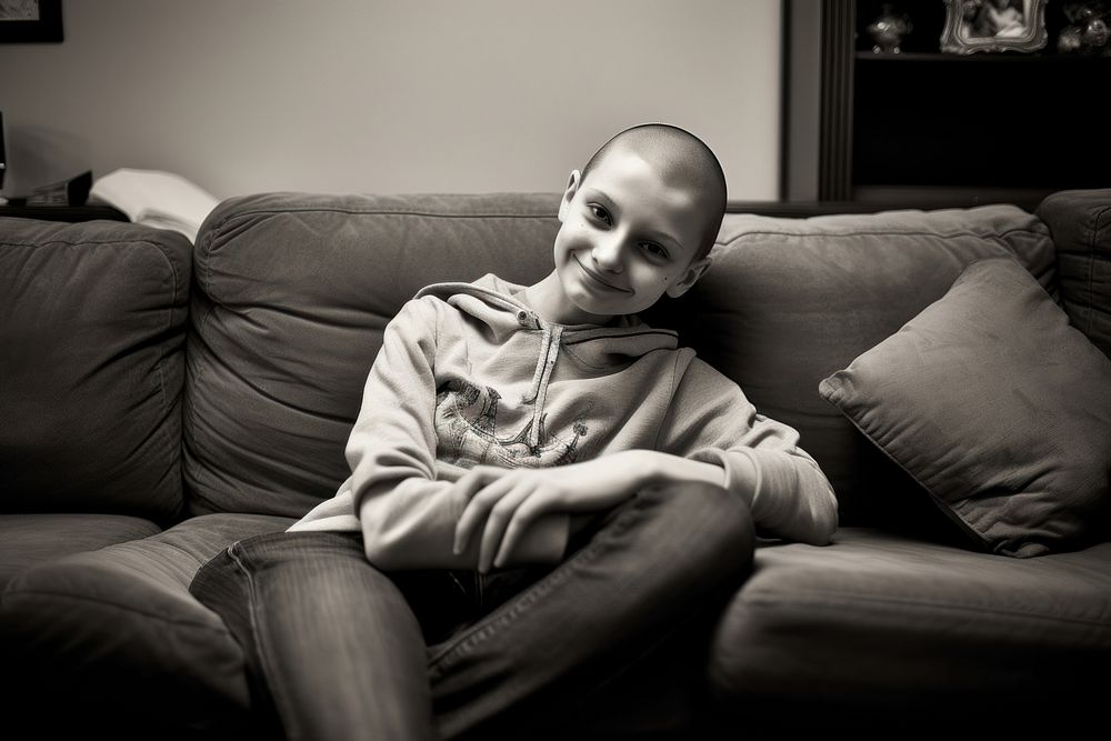 Cancer patient girl sitting furniture portrait. AI generated Image by rawpixel.