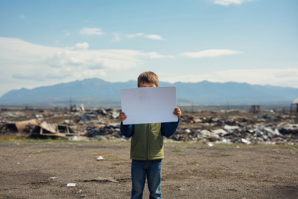 Boy holding a blank sign land architecture landscape. AI generated Image by rawpixel.
