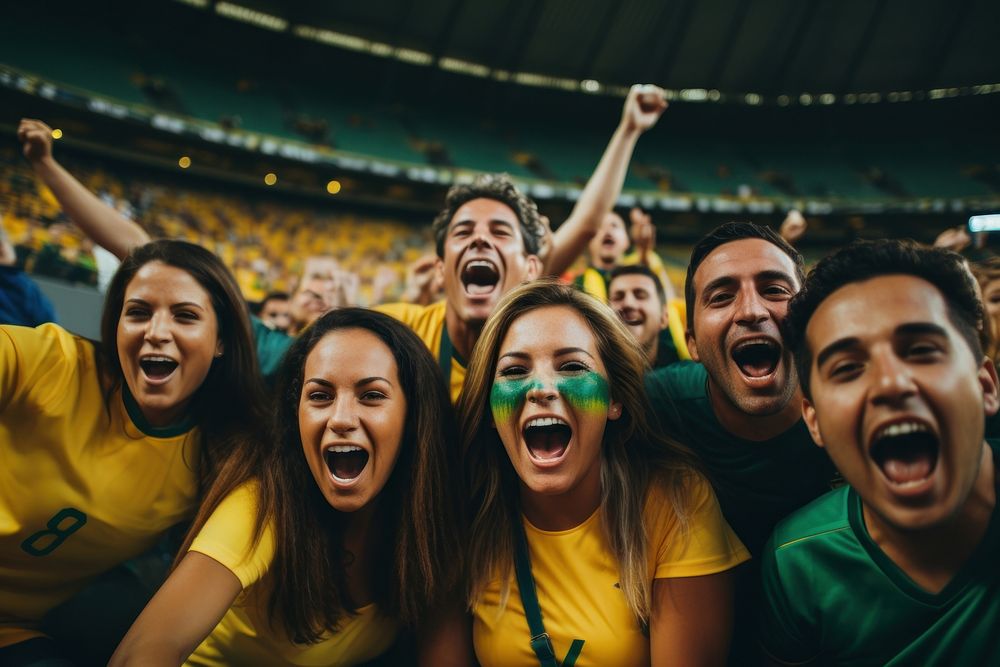 Group of soccer fans laughing shouting stadium. AI generated Image by rawpixel.