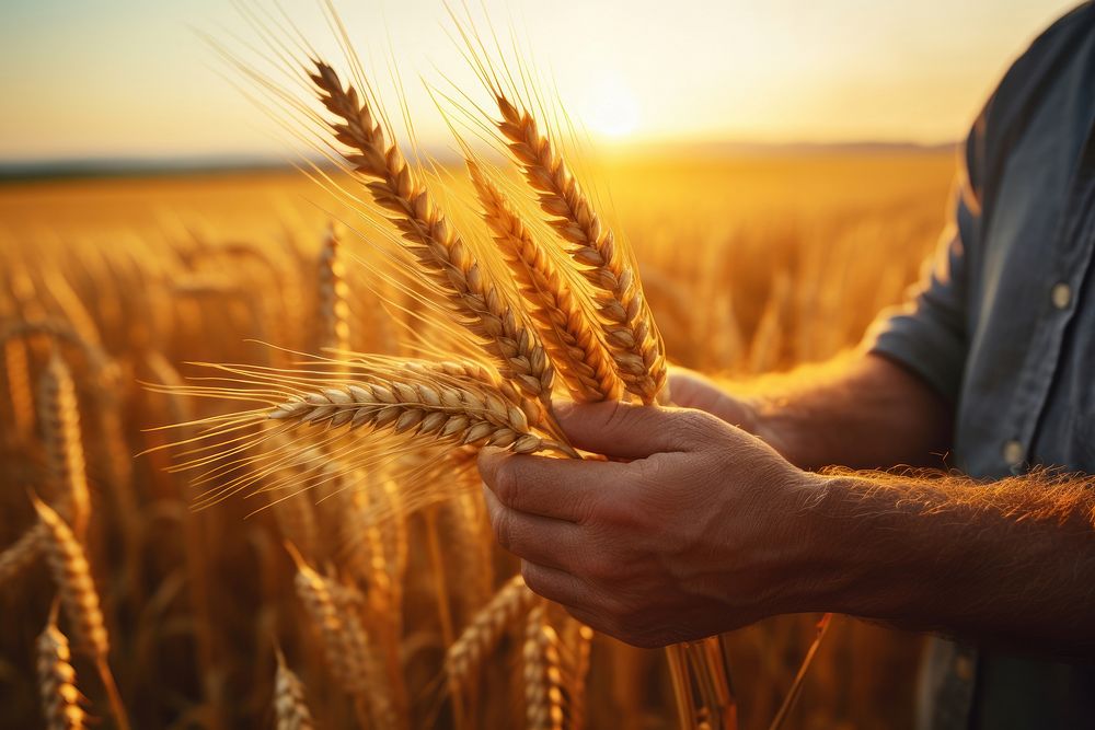 Farmer holding golden ear of wheat field agriculture outdoors. AI generated Image by rawpixel.
