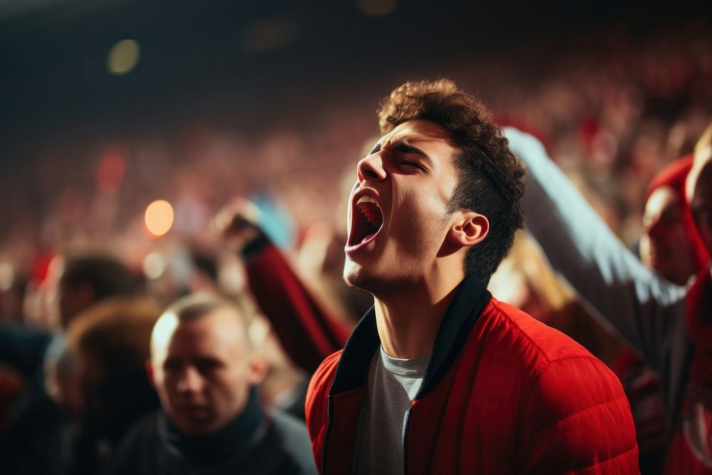 Male in crowd of fans yawns shouting adult togetherness. AI generated Image by rawpixel.