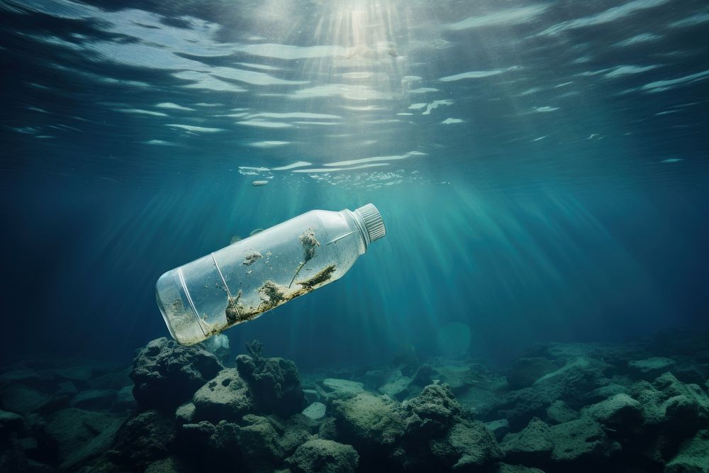 Plastic bottle under the sea underwater outdoors nature. AI generated Image by rawpixel.