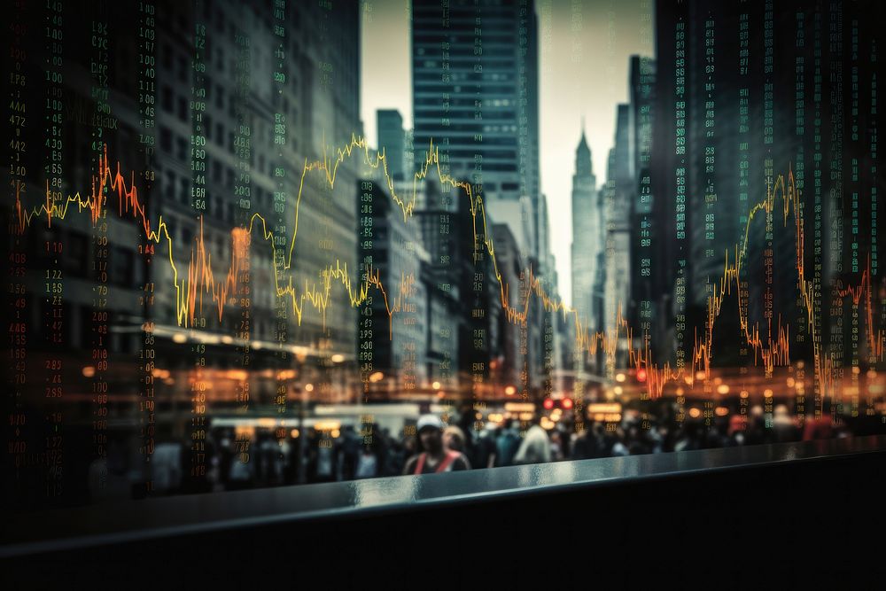 Stock market graph architecture metropolis reflection. AI generated Image by rawpixel.