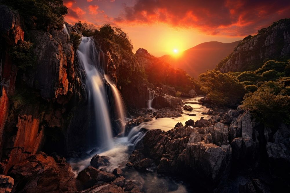 Waterfall in the the mountain landscape outdoors nature. AI generated Image by rawpixel.