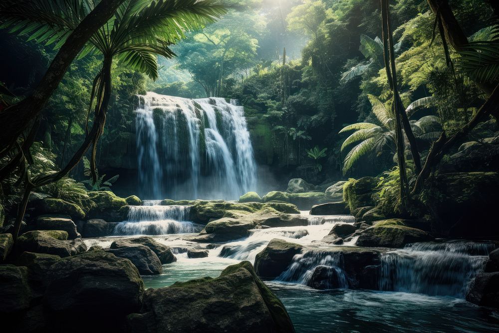 Waterfall in the tropical jungle vegetation landscape outdoors. AI generated Image by rawpixel.