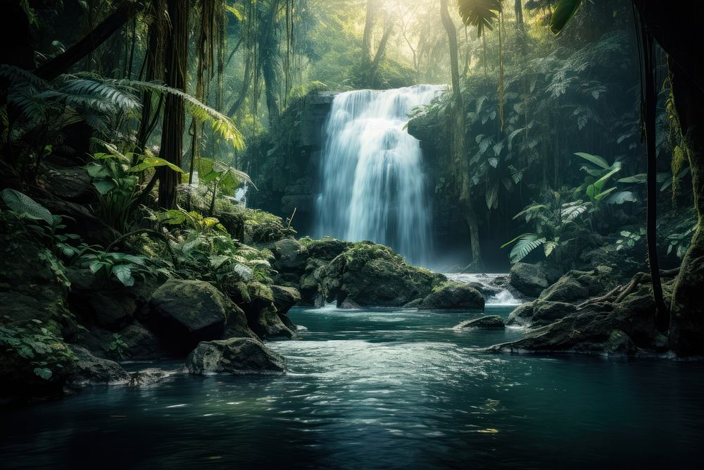 Waterfall in the tropical jungle landscape outdoors woodland. AI generated Image by rawpixel.