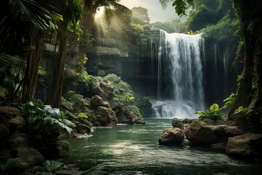 Waterfall in the tropical jungle landscape outdoors nature. AI generated Image by rawpixel.