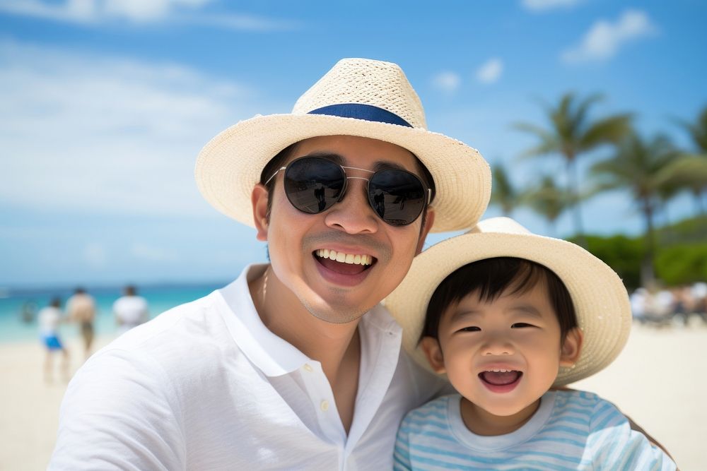 Asian father and son beach sunglasses portrait. AI generated Image by rawpixel.
