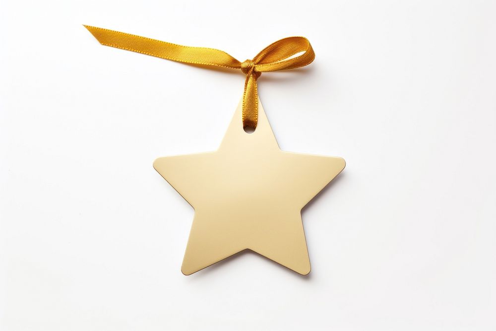 Price tag paper label star shape with ribbon gold symbol white background. AI generated Image by rawpixel.