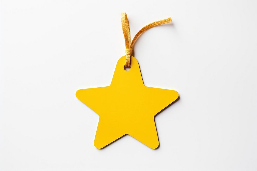 Price tag paper label star shape with ribbon yellow symbol white background. AI generated Image by rawpixel.
