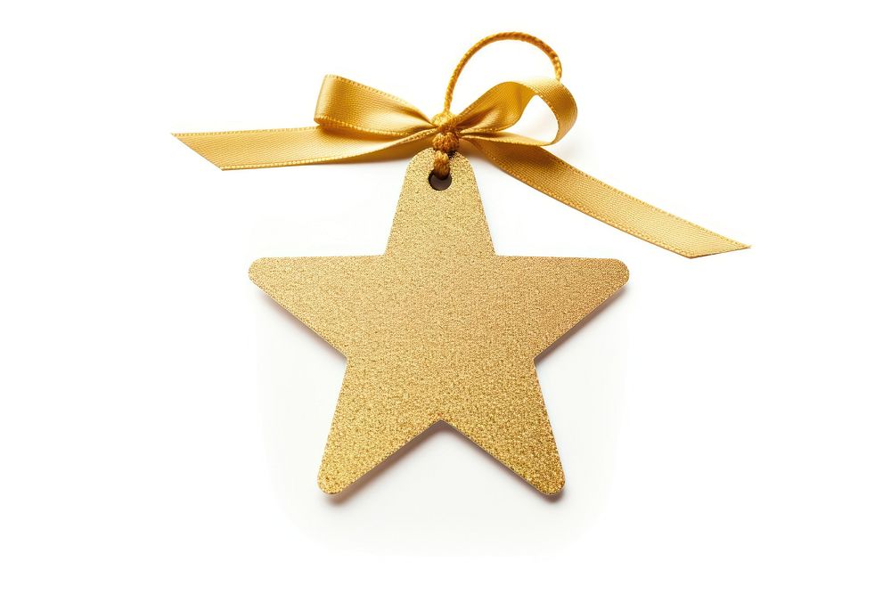 Price tag paper label star shape with ribbon gold white background celebration. AI generated Image by rawpixel.
