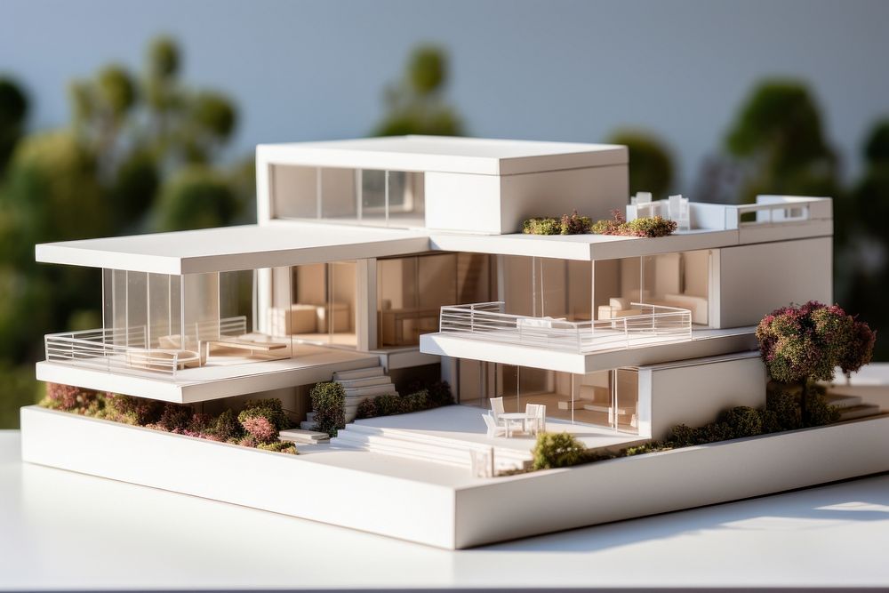 An architectural model of a modern house architecture building tilt-shift. AI generated Image by rawpixel.