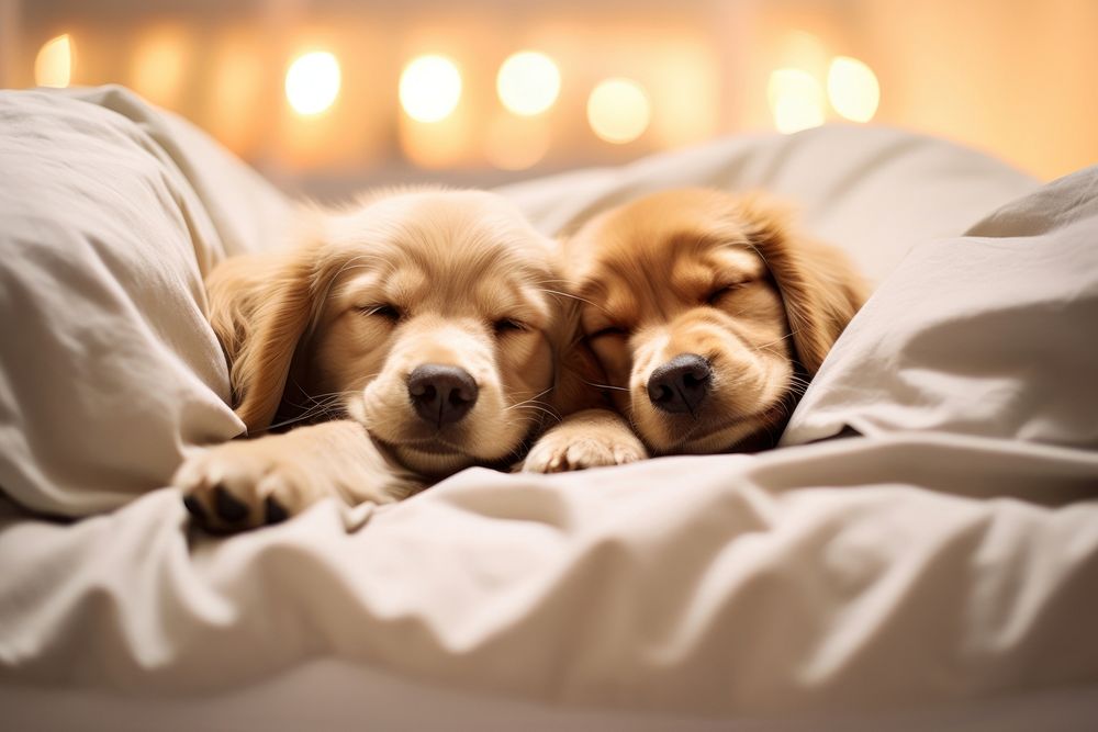 Cute puppy couple sleep on the bed blanket mammal animal. AI generated Image by rawpixel.