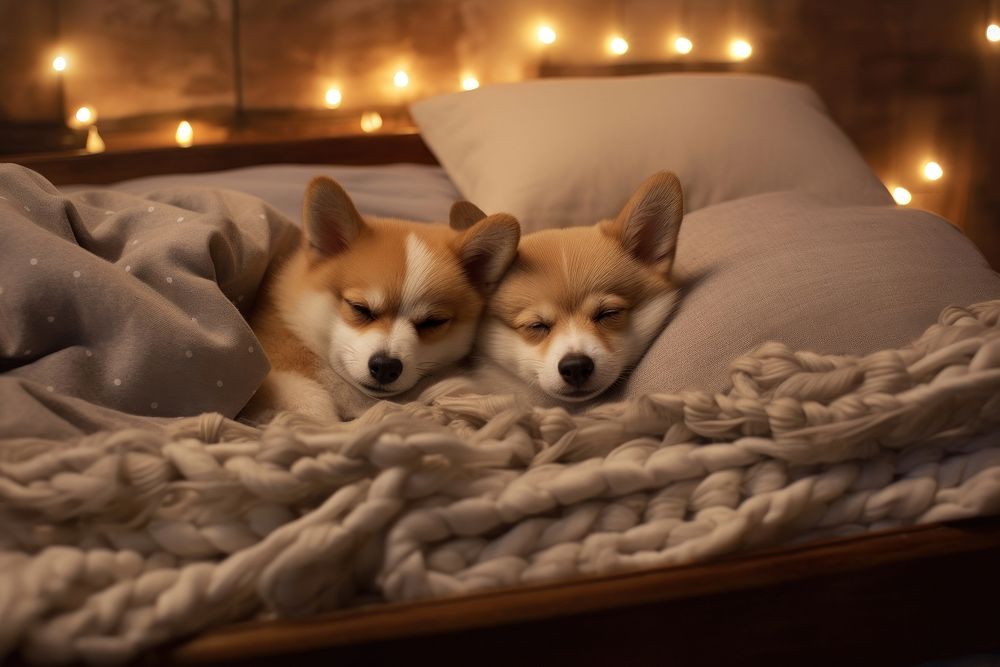 Cute puppy couple sleep on the bed blanket mammal animal. AI generated Image by rawpixel.