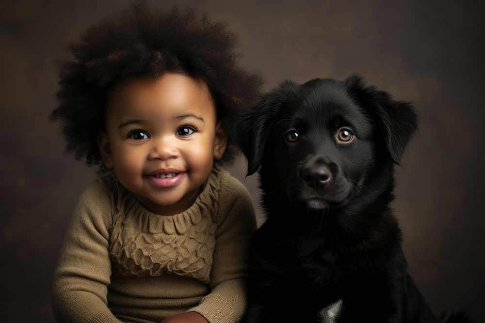 Black baby with pet portrait smiling mammal. AI generated Image by rawpixel.