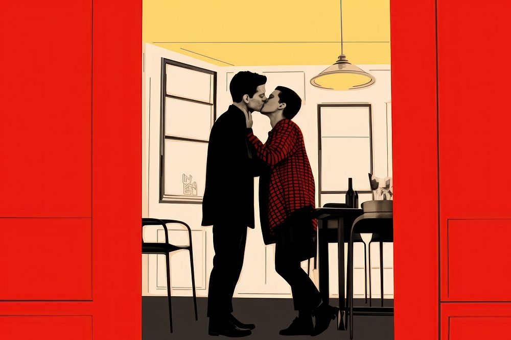 Gay couple kiss each other in a room with a white backdrop kissing adult red. AI generated Image by rawpixel.