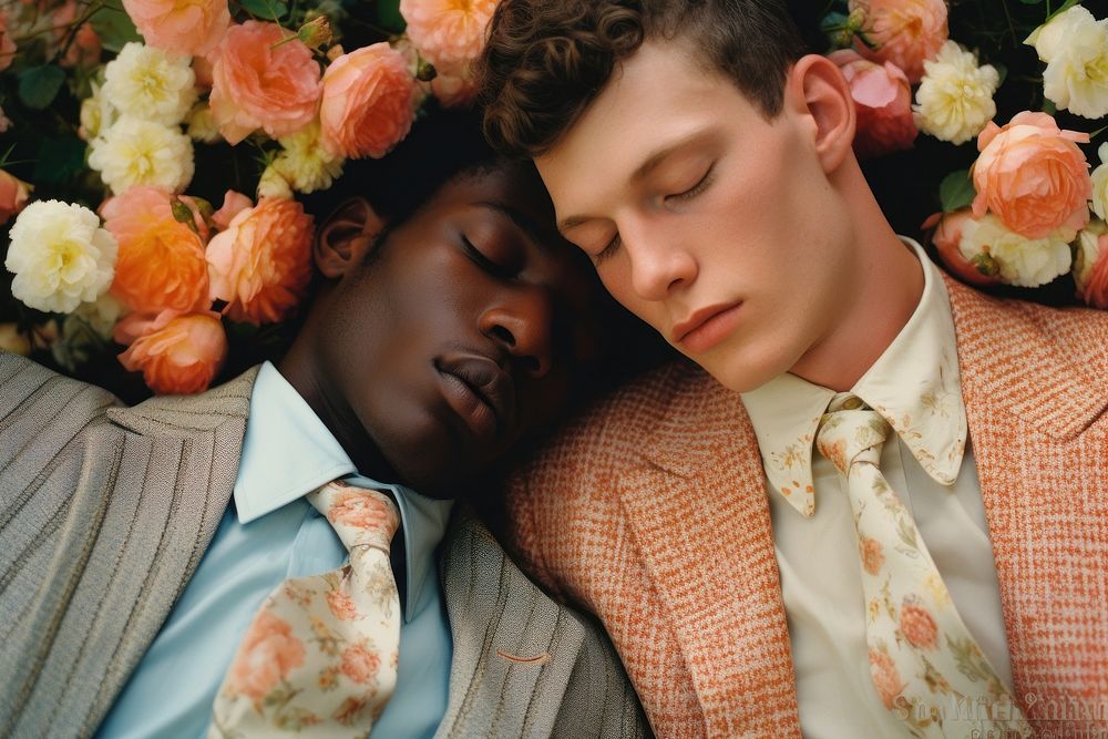 Gay couples portrait romantic flower. AI generated Image by rawpixel.
