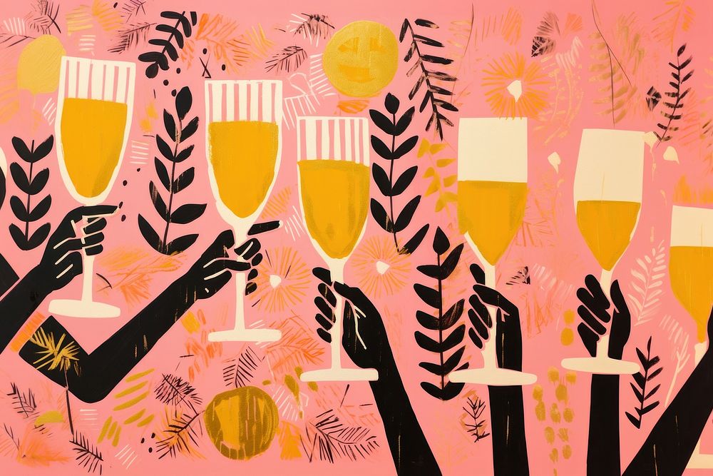 Gold pink silver hands cheers champagne glasses painting refreshment celebration. AI generated Image by rawpixel.