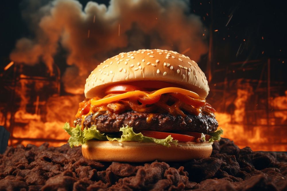 Cheeseburger sesame food fire. AI generated Image by rawpixel.
