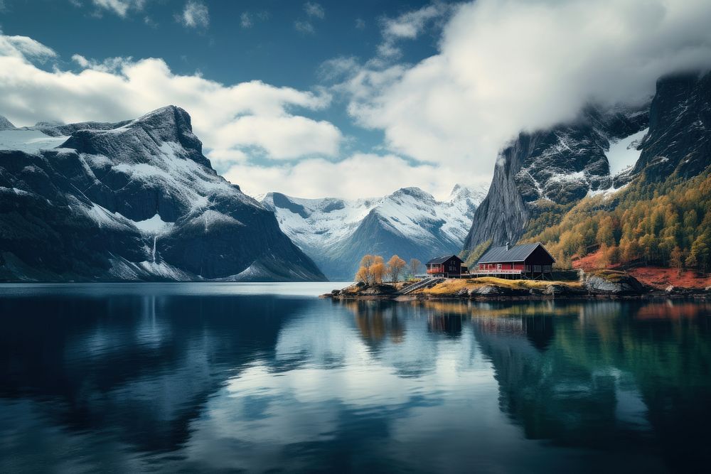 Lofoten Lake lake architecture landscape. AI generated Image by rawpixel.