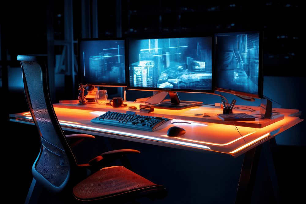 Computer desk illuminated furniture. AI generated Image by rawpixel.