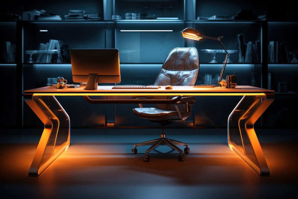 Office desk illuminated furniture computer. AI generated Image by rawpixel.