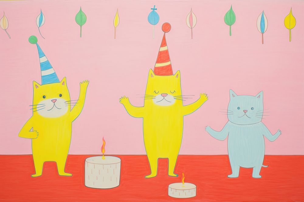 Cats wearing party hat birthday painting drawing. 