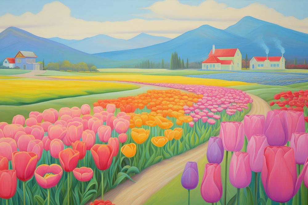Tulip fields painting outdoors flower. AI generated Image by rawpixel.