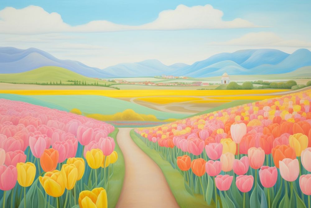 Tulip fields painting landscape outdoors. AI generated Image by rawpixel.