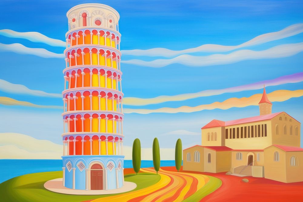 Pisa tower painting architecture building. AI generated Image by rawpixel.