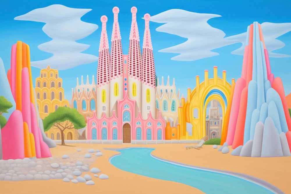 Sagrada familia painting city architecture. AI generated Image by rawpixel.