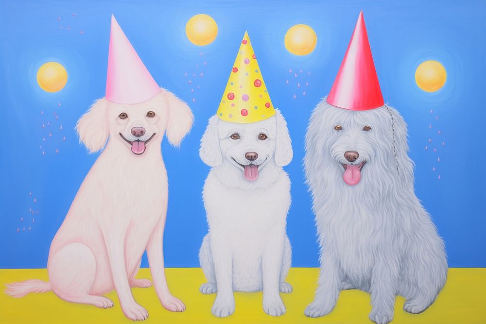 Dogs wearing party hat painting drawing mammal. AI generated Image by rawpixel.
