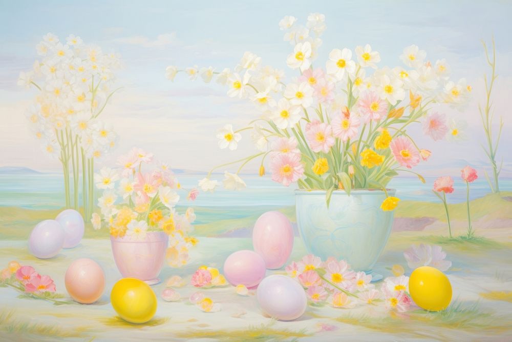 Easter eggs and spring flowers painting plant celebration. AI generated Image by rawpixel.