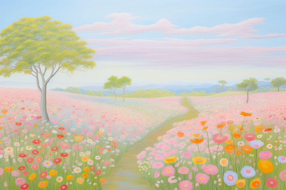 Flower field painting landscape grassland. AI generated Image by rawpixel.