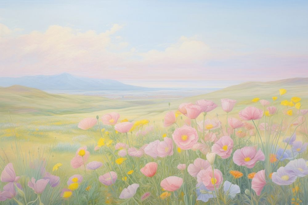 Flower field painting backgrounds landscape. AI generated Image by rawpixel.