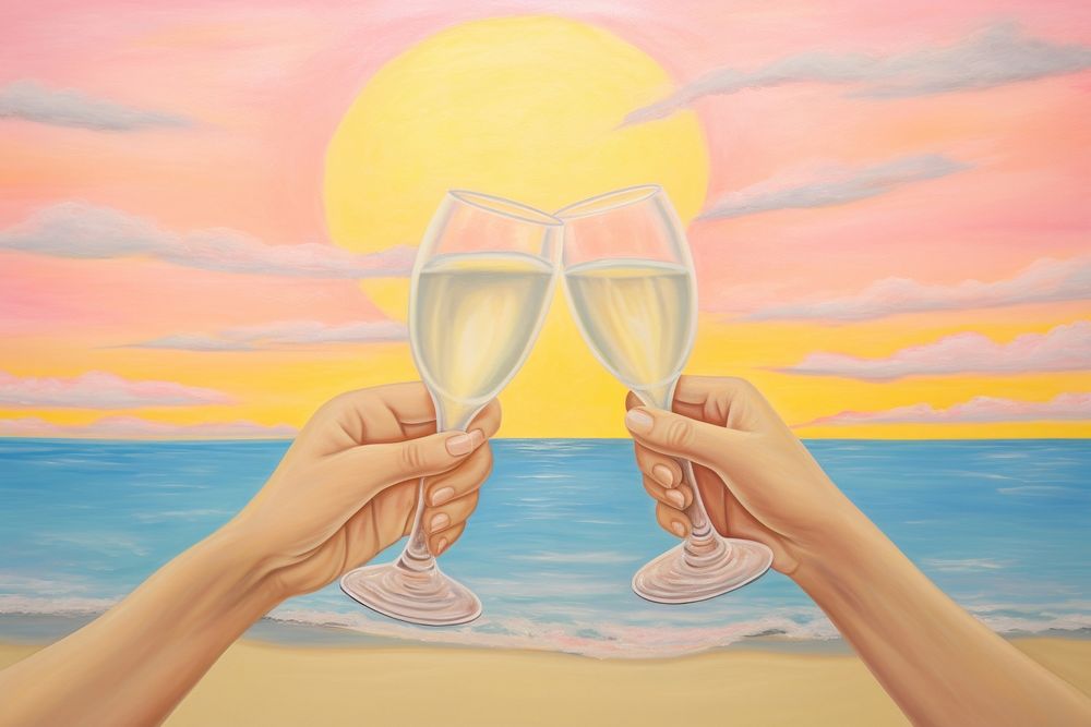 Hands holding champagne painting drawing sunset. AI generated Image by rawpixel.