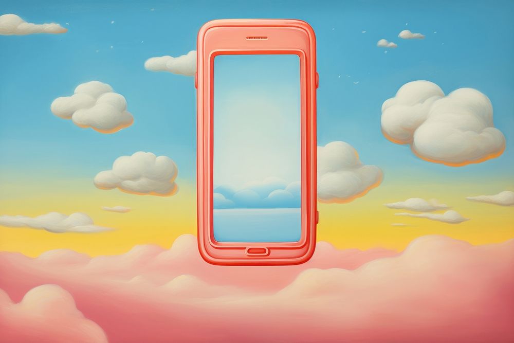 Mobile phone floating in clouds painting sky portability. AI generated Image by rawpixel.