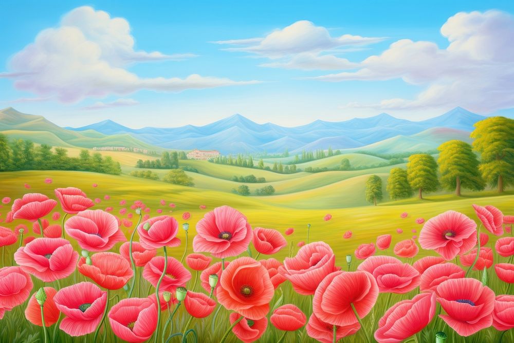 Poppy field landscape outdoors painting. AI generated Image by rawpixel.