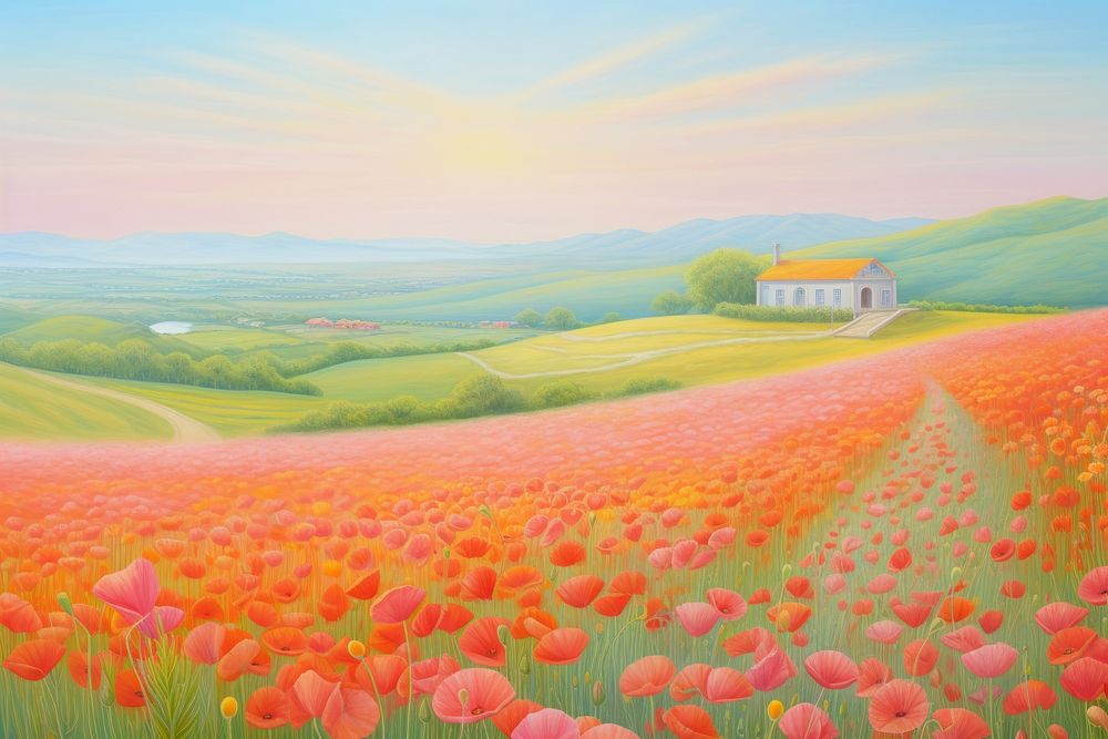 Poppy field landscape grassland outdoors. AI generated Image by rawpixel.