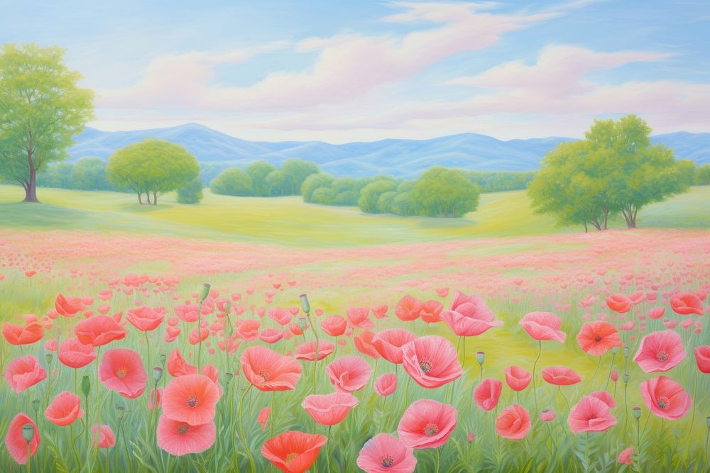 Poppy field painting landscape grassland. AI generated Image by rawpixel.