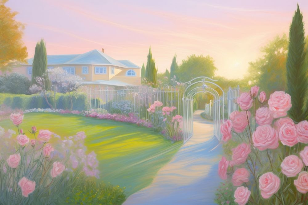 Rose garden painting architecture landscape. AI generated Image by rawpixel.