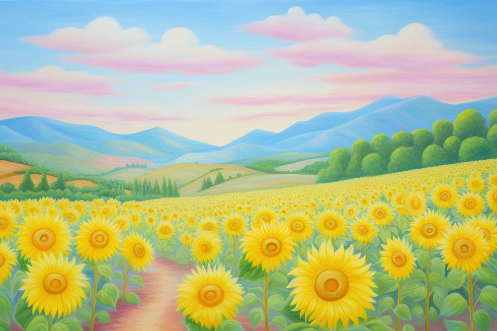 Sunflower field painting backgrounds landscape. AI generated Image by rawpixel.