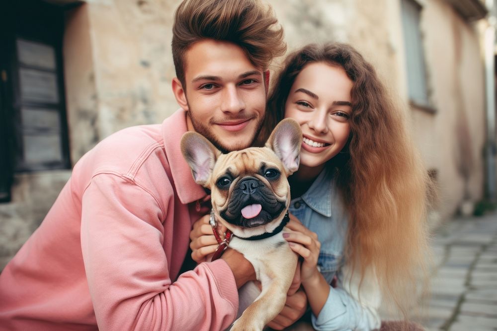 Teen couple carrying french bulldog portrait mammal animal. AI generated Image by rawpixel.